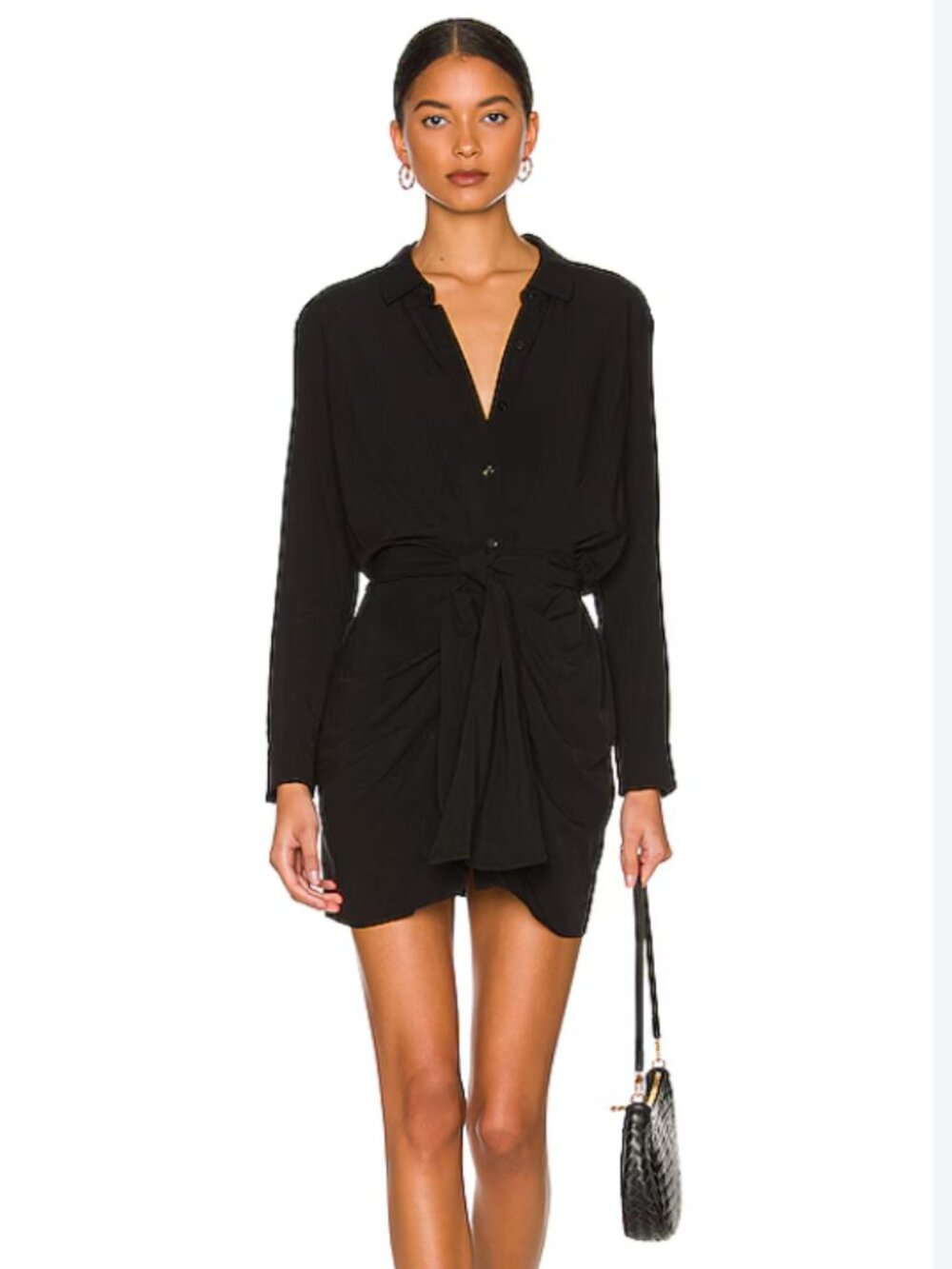 L*Space Aura Dress in Black size S Ruched Tie Front Collared Long Sleeve